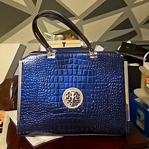 Dasein Women Large Satchel Handbag w/Doublw Handles, Blue, Goldtone Work Bag Tot